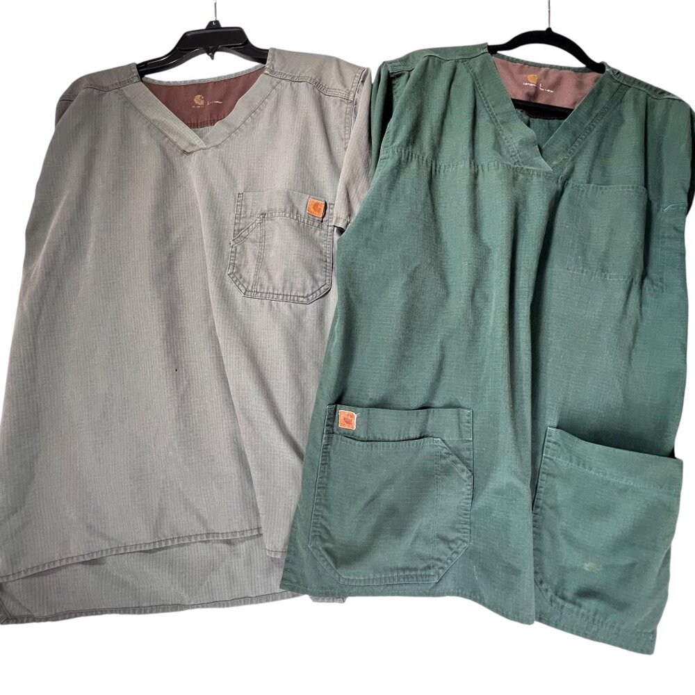 Carhartt Scrub Tops Set Of 2 Mens Size L Green Gray Medical V Neck Pockets READ